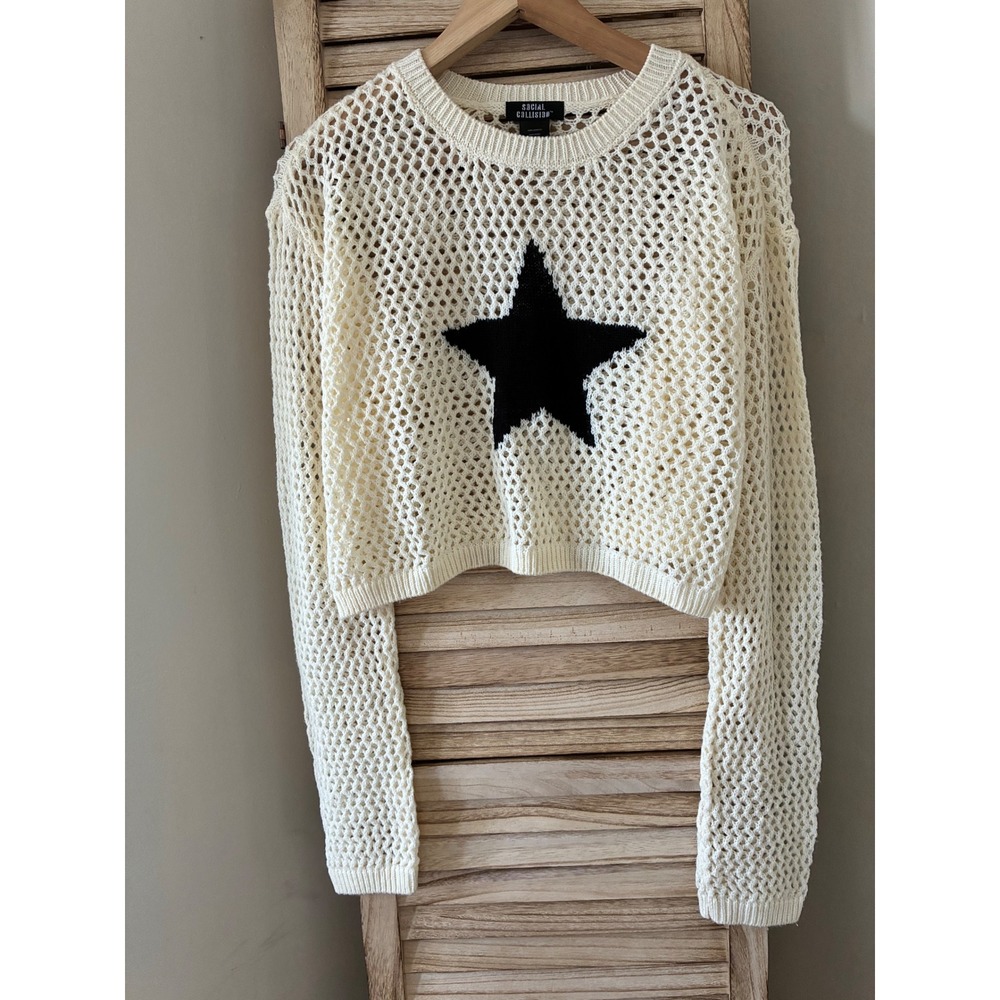 Social Collision Celestial Grunge Black Star Open Knit Cropped Mesh Sweater L